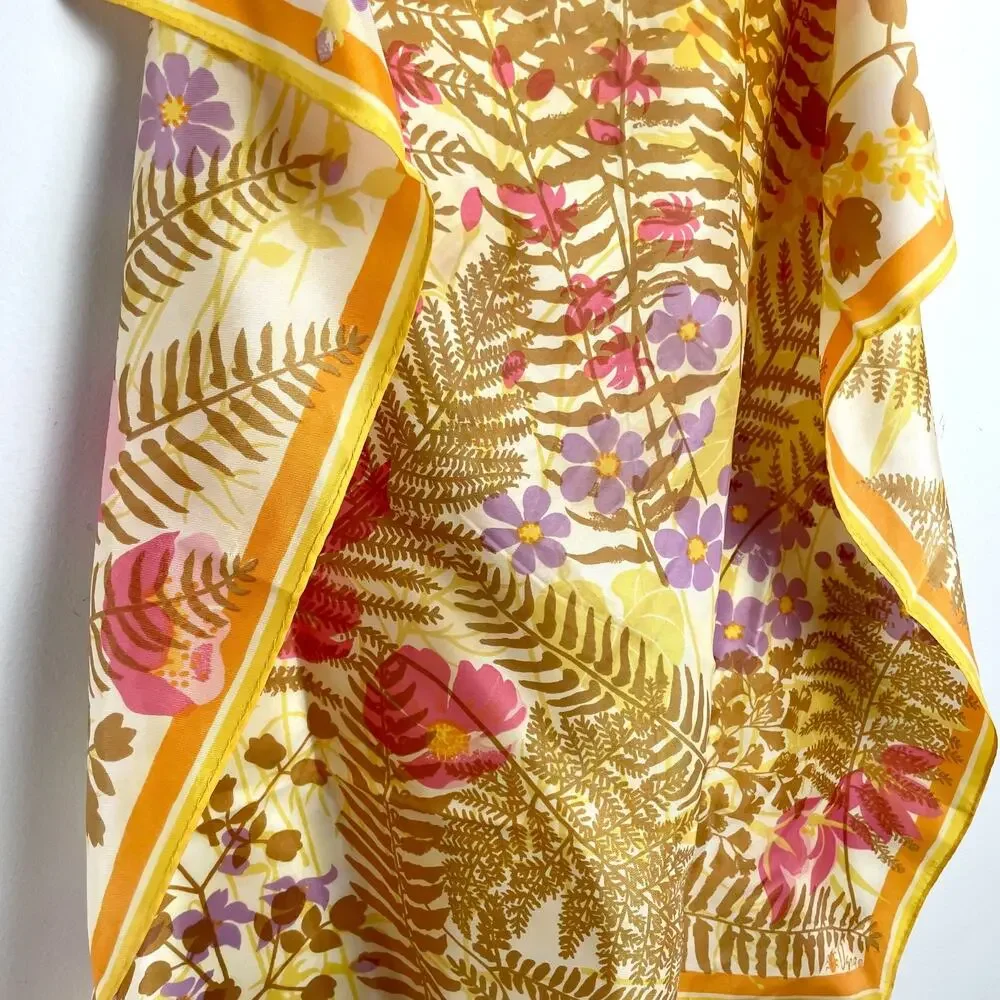 Vintage 60s 70s Vera Square Scarf Ladybug Floral Yellow Colorful Ferns